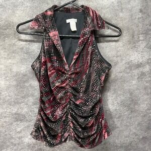 Y2K Cache Velvet Ruched Collared Tank Top Womens S Burgundy Gray Sequin Baddie